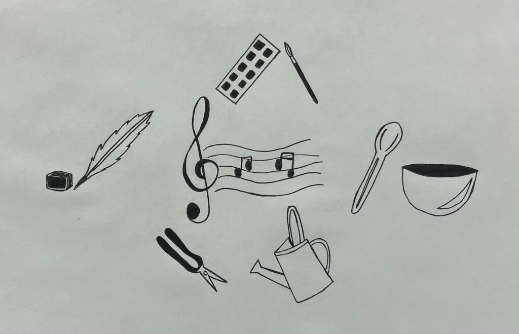 Icons representing different ways for a person to express themselves (music notes, a feather pen and inkwell, a paintbrush and set of paints, a spoon and bowl, and a watering can and gardening clippers).